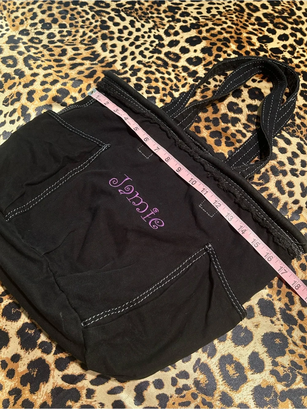 Thirty-One Black Distressed Tote Bag with “Jamie” Embroidered in Purple - Picture 6 of 7